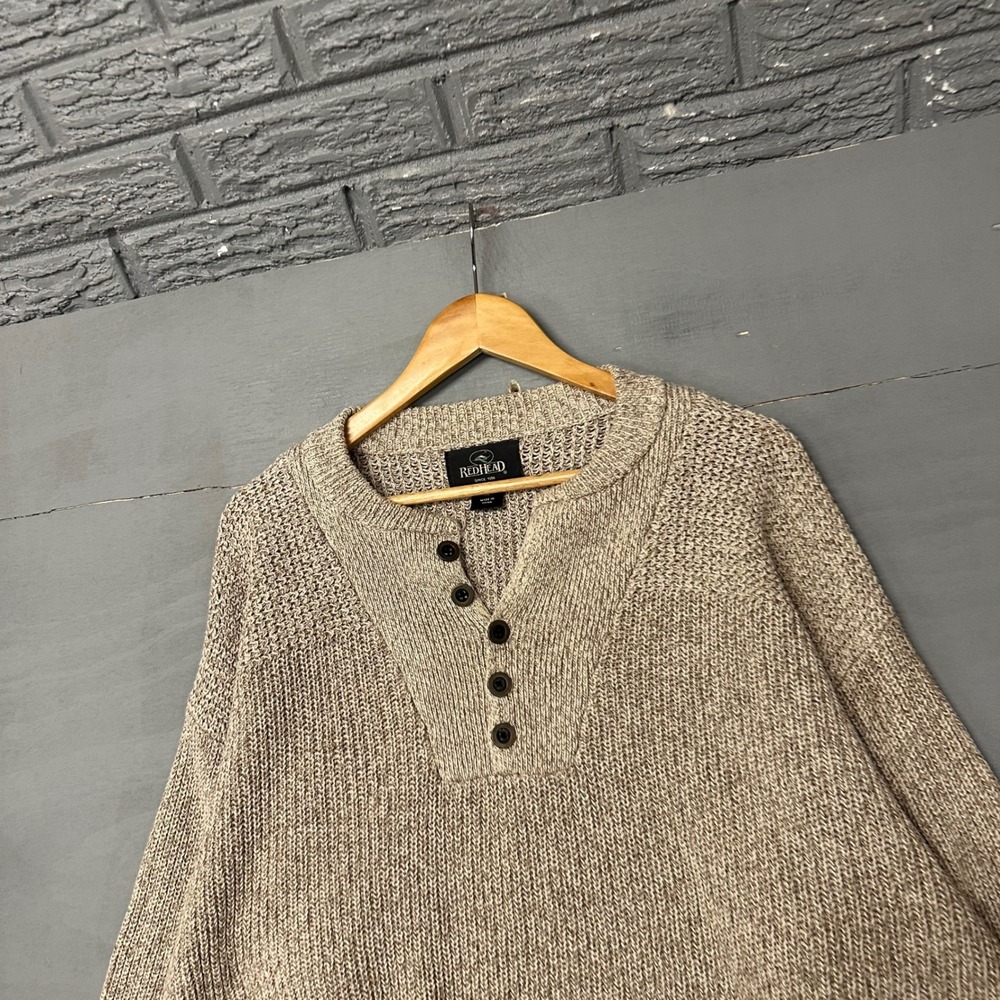 RedHead Mens XL‎ Henley Sweater Marled Oatmeal Tan Chunky Knit Button Pullover